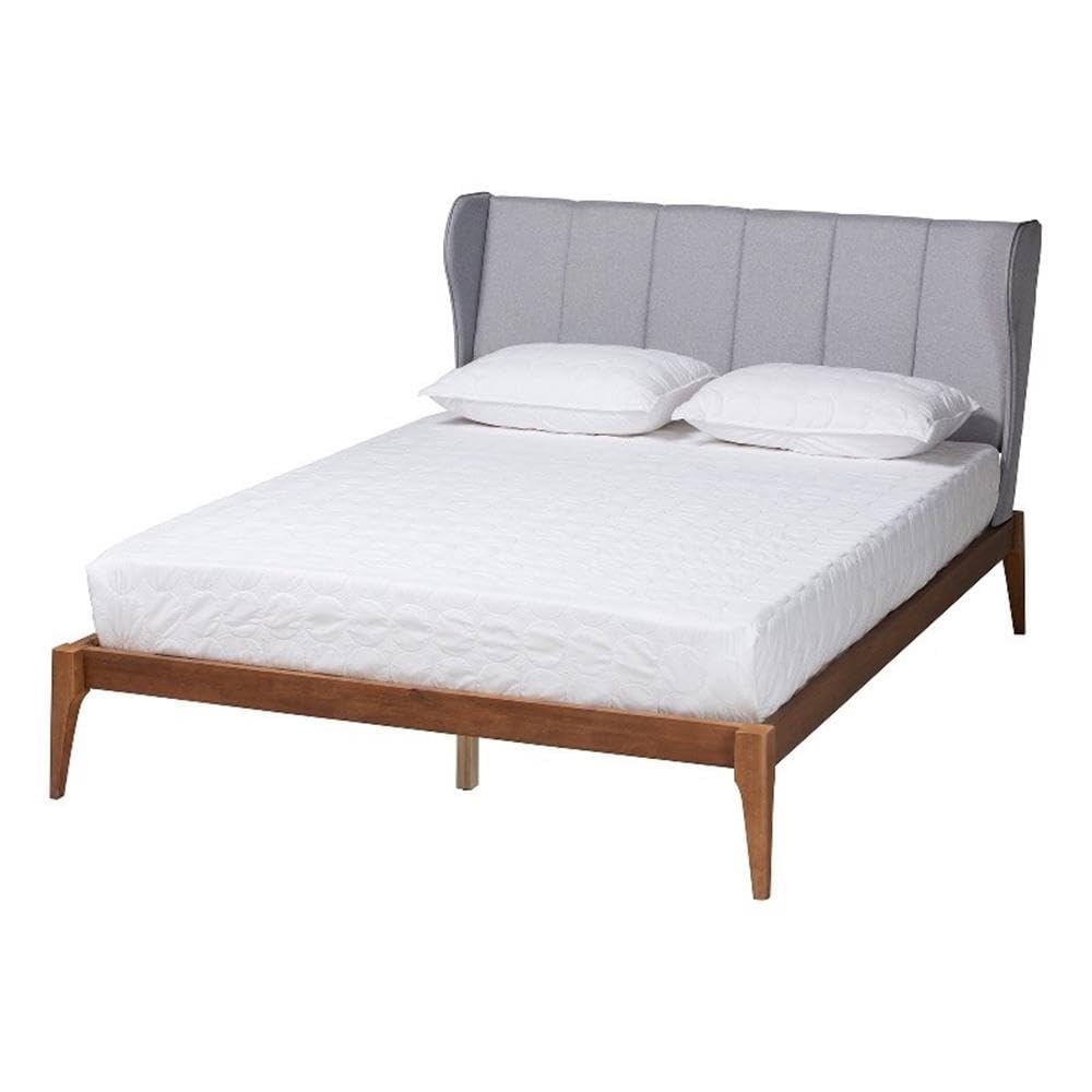 Baxton Studio Royce Mid-Century Modern Transitional Light Grey Fabric and Ash Walnut Finished Wood Queen Size Bed