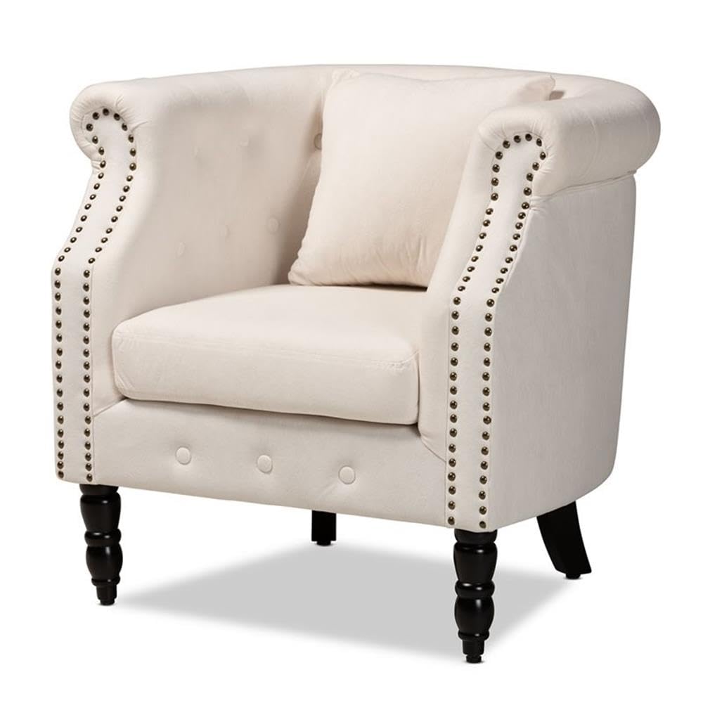 Baxton Studio Renessa Classic and Traditional Beige Velvet Fabric Upholstered and Dark Brown Finished Wood Armchair