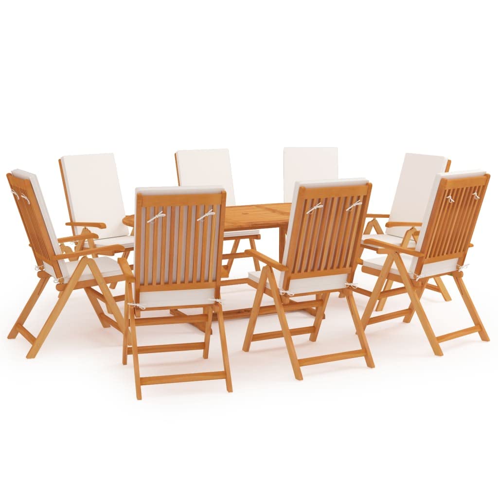 vidaXL 9 Pc Outdoor Teak Wood Dining Set-Stackable Chairs, Adjustable Backrest, Cushions Included, Parasol Hole, Indoor/Outdoor Use