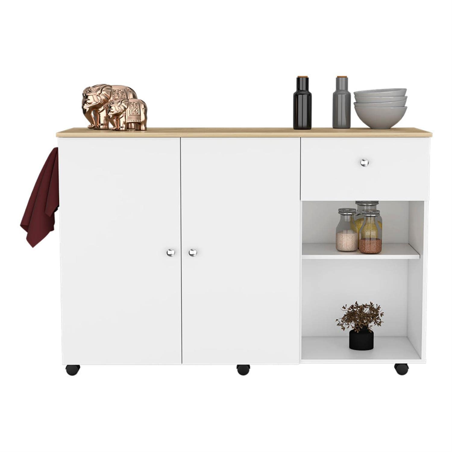 Syros Kitchen Island Cart, 6 Carter, 1 Drawer, Double Door Cabinet, 2 External Shelves, 4 Interior Shelves, White/Pine