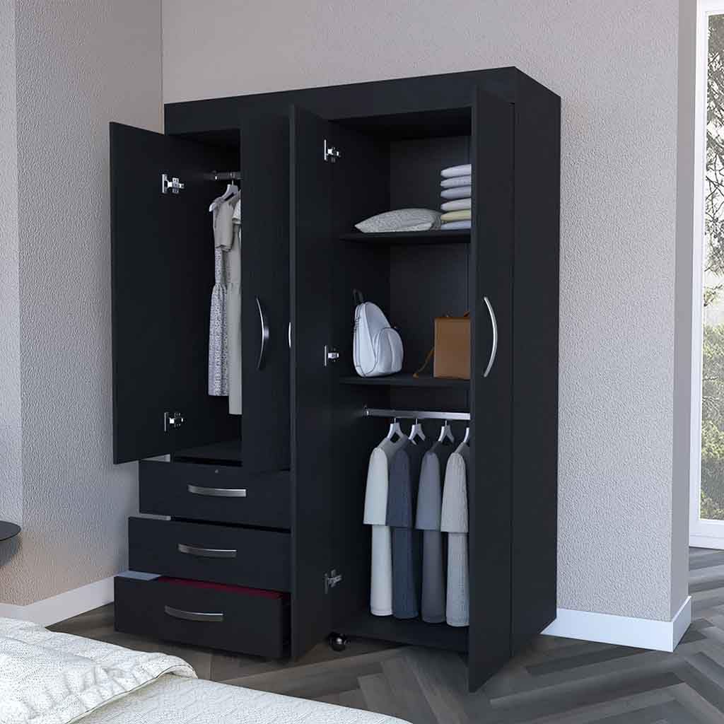 Mobile Armoire Velvet, Rods, Double Door Cabinet, Three Drawers - Black