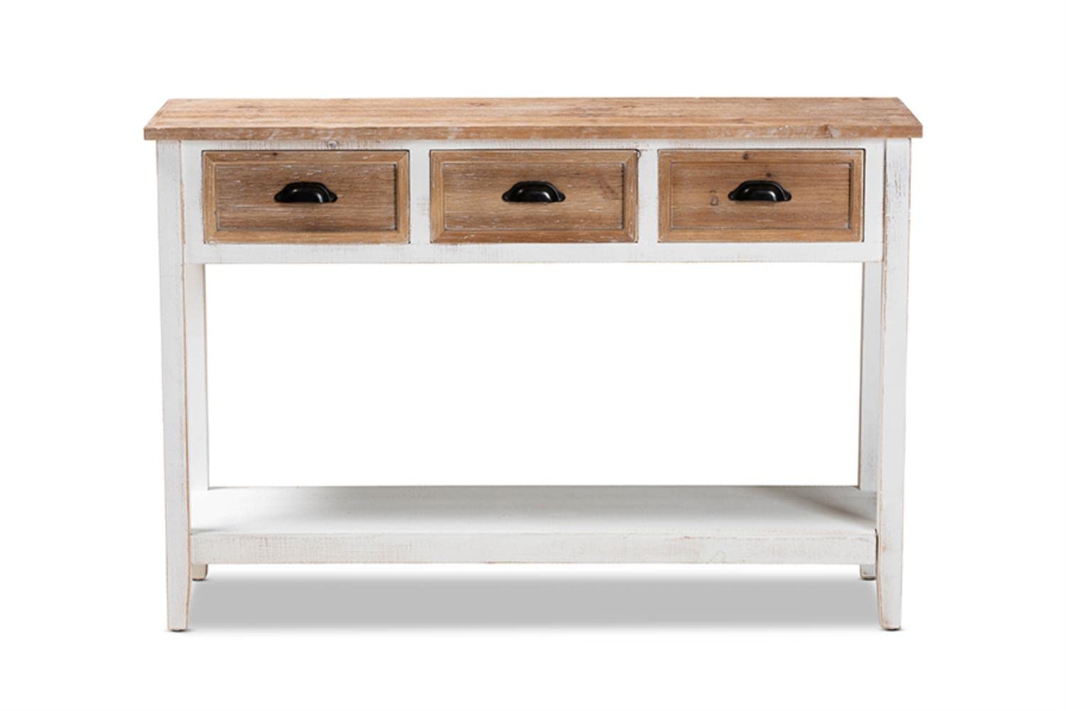 Baxton Studio Benedict Traditional Farmhouse and Rustic Two-Tone White and Oak Brown Finished Wood 3-Drawer Console Table
