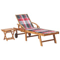 vidaXL Sun Lounger, Outdoor Chaise Lounge Chair with Wheels, Patio Daybed with Table and Cushion for Beach Yard Pool, Retro Style, Solid Wood Teak
