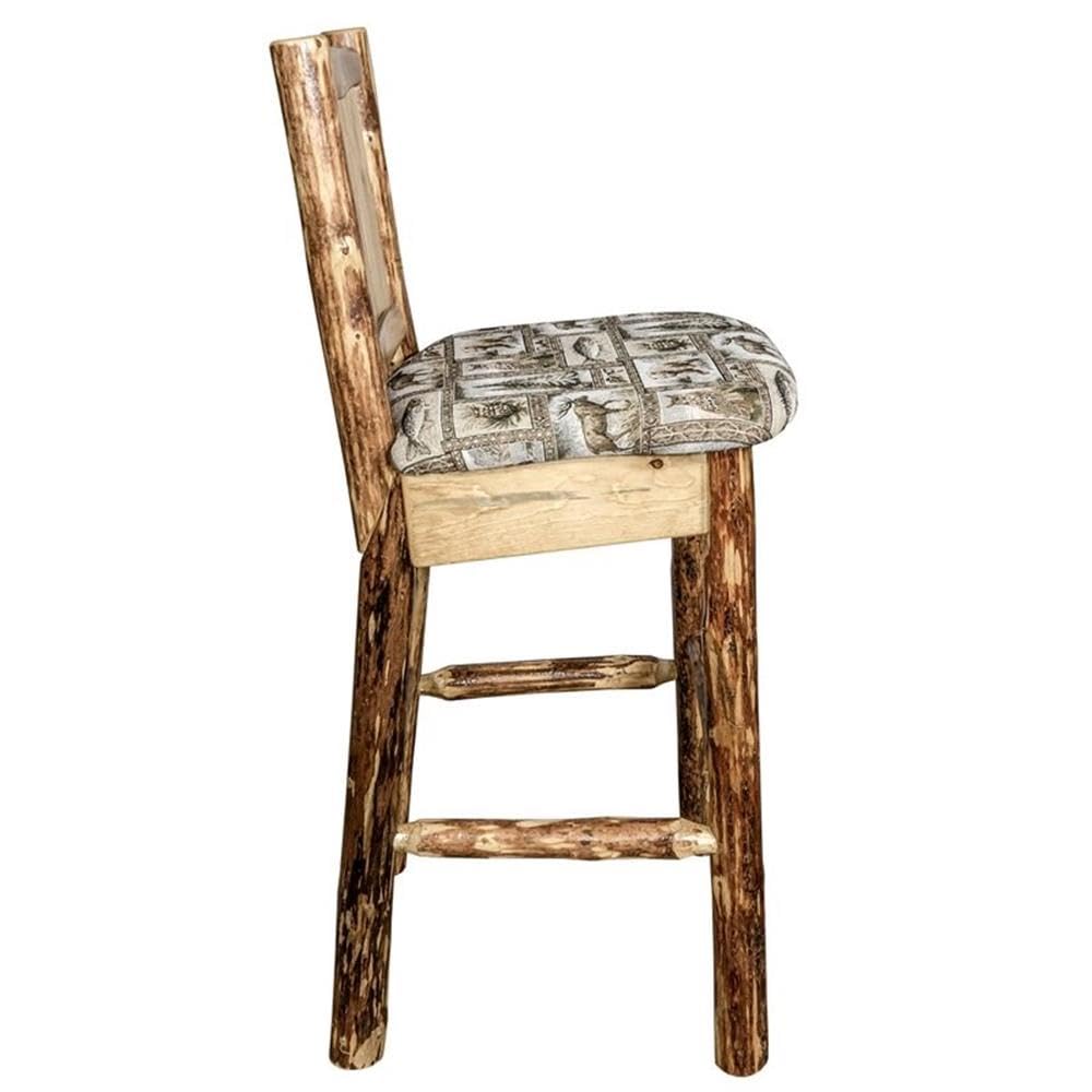 Montana Woodworks Glacier Country Collection Counter Height Barstool with Upholstered Seat, Woodland Pattern, Laser Engraved Wolf Design, Stained & Lacquered