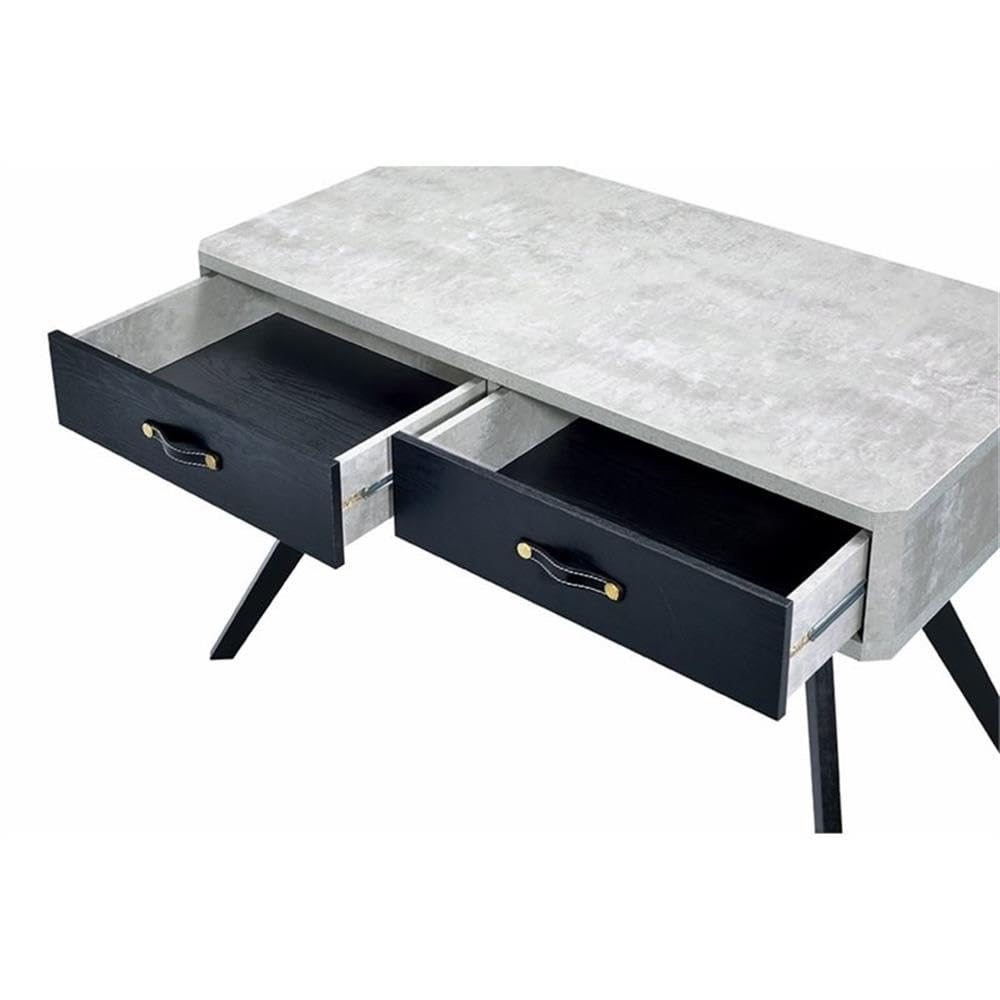 Acme Magna Wooden Writing Desk with 2 Drawers in Faux Concrete and Black