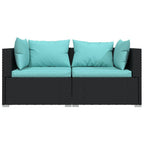 vidaXL Two-Seater Outdoor Sofa - Water-Resistant Black Poly Rattan Patio Loveseat with Comfy Aqua Cushions
