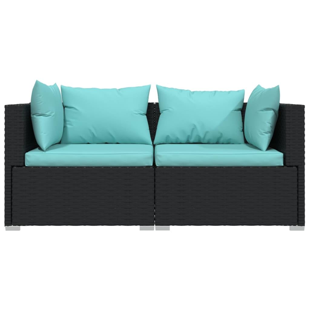 vidaXL Two-Seater Outdoor Sofa - Water-Resistant Black Poly Rattan Patio Loveseat with Comfy Aqua Cushions