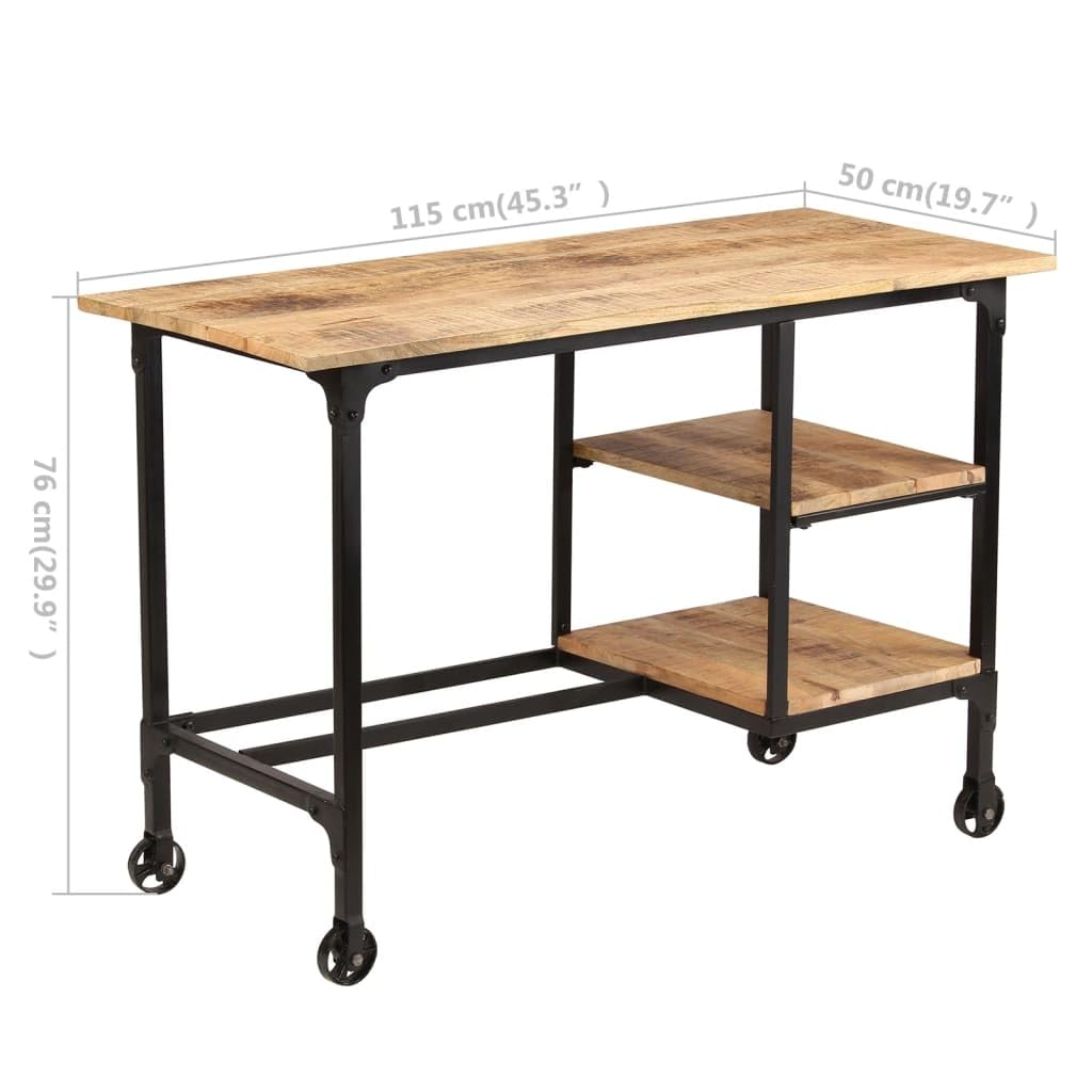 vidaXL Antique-Style Computer Desk - Solid Mango Wood Construction with Folding Stool, Ample Storage, Mobility and Sturdiness