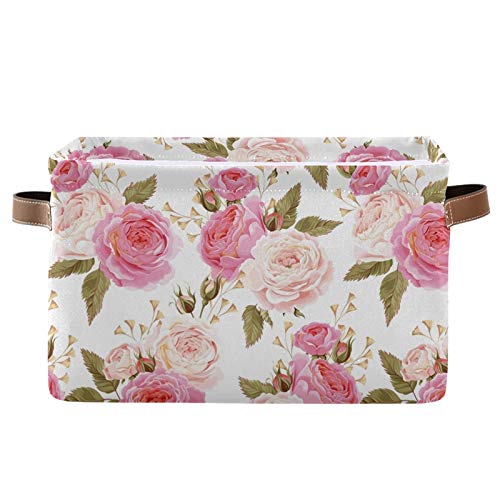 SEULIFE Floral Flower Rose Pink Foldable Storage Basket, Large Collapsible Organizer Storage Bin Cube Toys Storage Boxes with Ha
