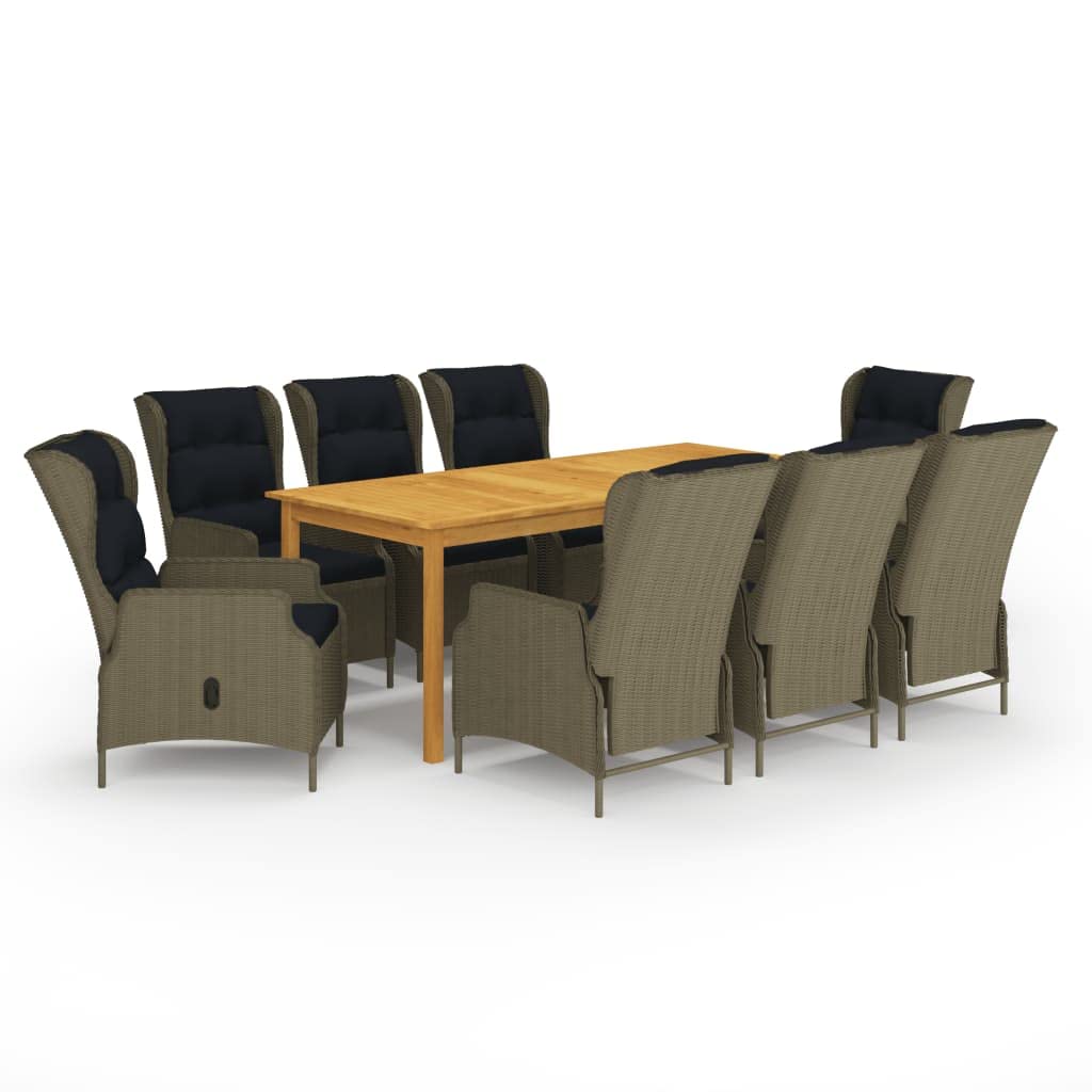 vidaXL Patio Dining Set 9 Piece, Outdoor Dining Table Set with Wood Tabletop, Rattan Chairs with Armrests, Conversation Set, Farmhouse, Brown