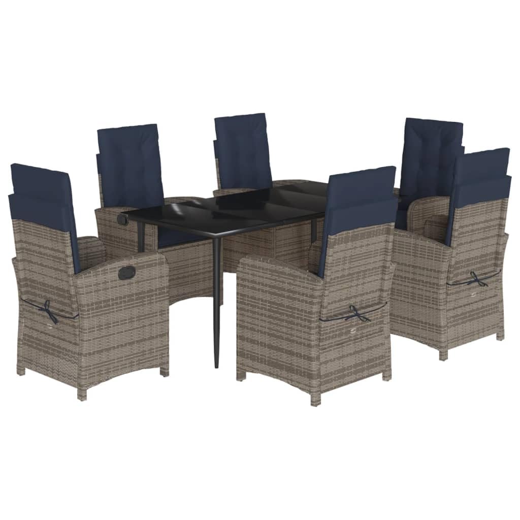 vidaXL 7-Piece Patio Dining Set - Gray Poly Rattan with Navy Cushions, Adjustable Backrests, Glass Tabletop, Reclining Chairs