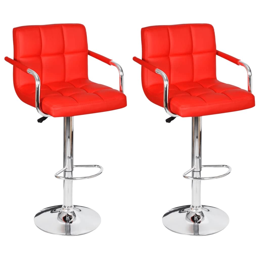 vidaXL - Modern Adjustable Counter Height Bar Stools, Set of 2, Red Faux Leather with Footrest, Ergonomic Back & Armrest, Gas Lift Mechanism