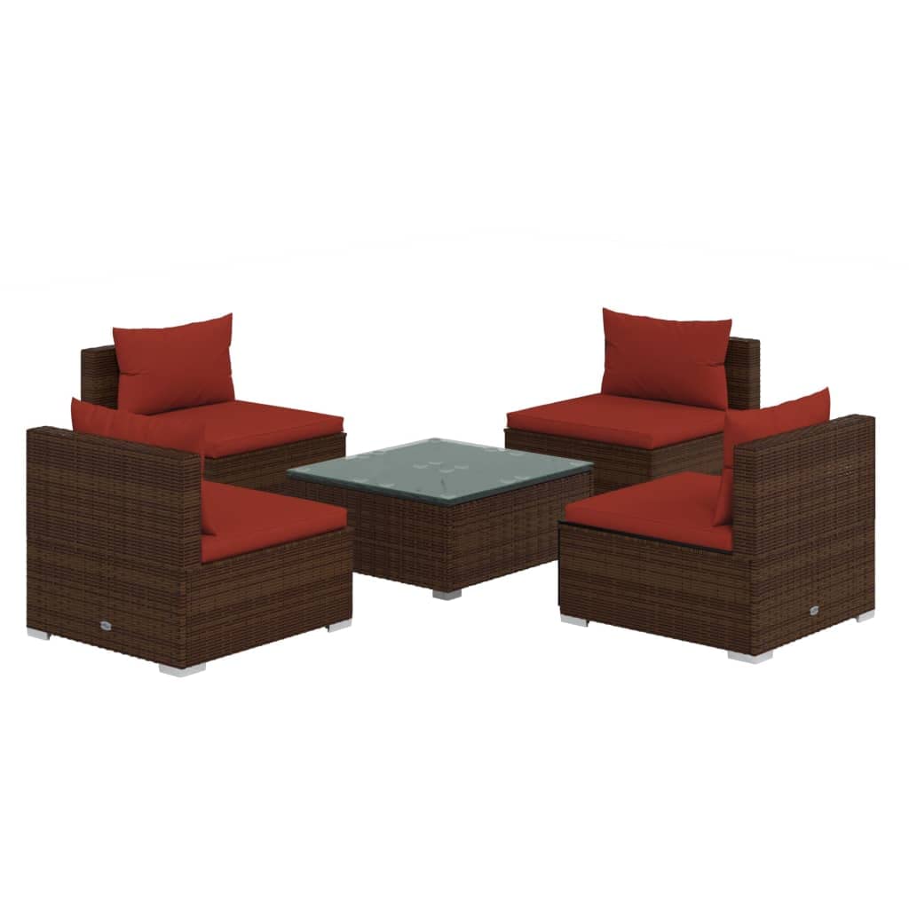 vidaXL 5-Piece Patio Lounge Set - Poly Rattan Outdoor Furniture with Comfortable Cushions and Modular Design, Brown