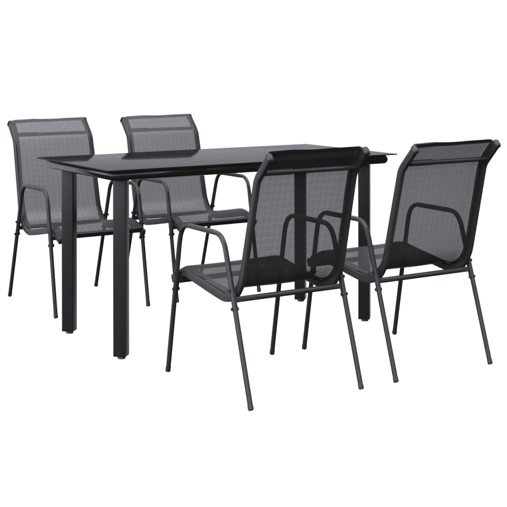 vidaXL 5-Piece Patio Dining Set in Black - Steel and Textilene, Outdoor Furniture for Garden, Deck or Patio with Glass Tabletop and Comfortable Chairs