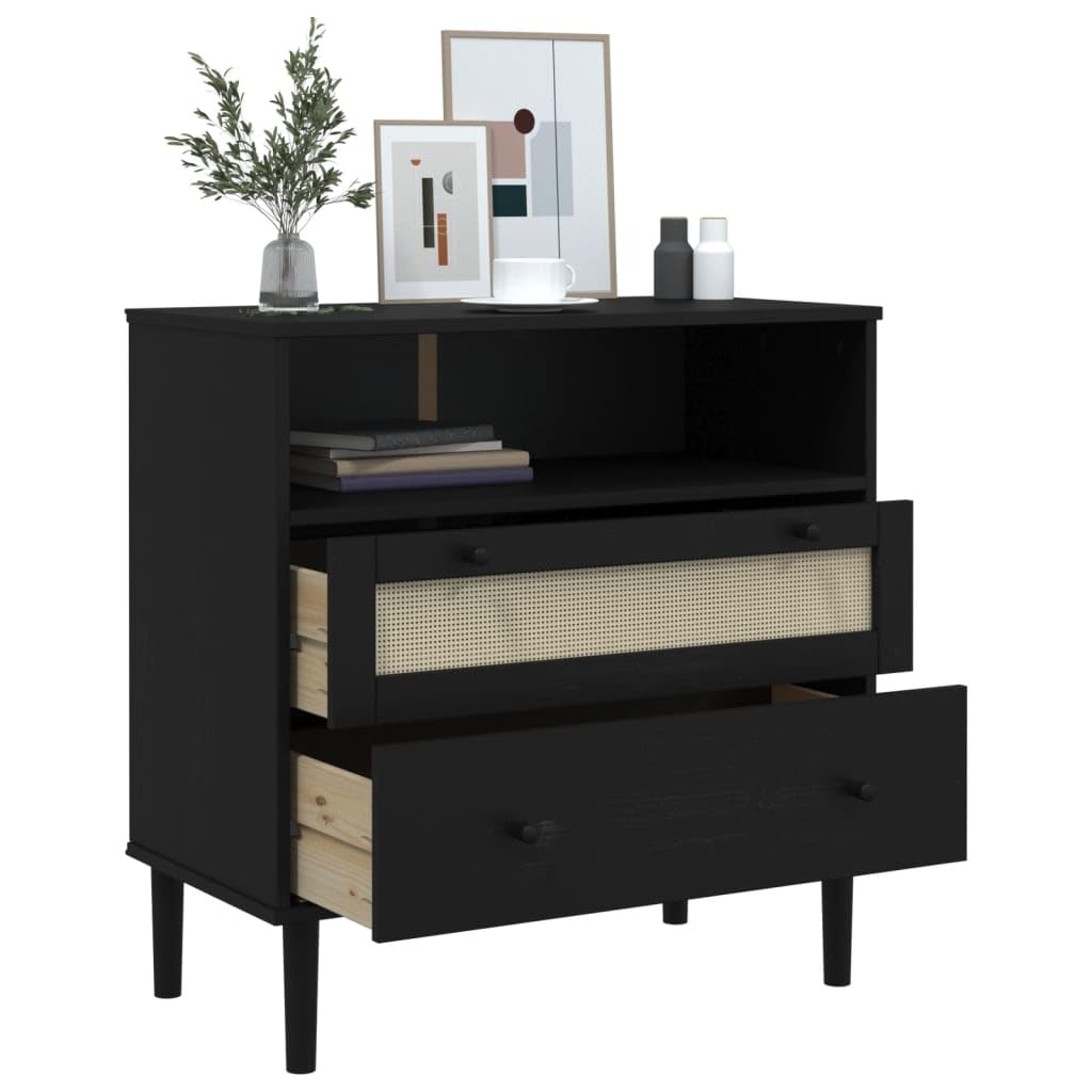 vidaXL SENJA Sideboard - Solid Pine Wood with UV Varnish Finish and Poly Rattan Detail - Rattan Look in Black - Ample Storage with 2 Drawers and 1 Compartment