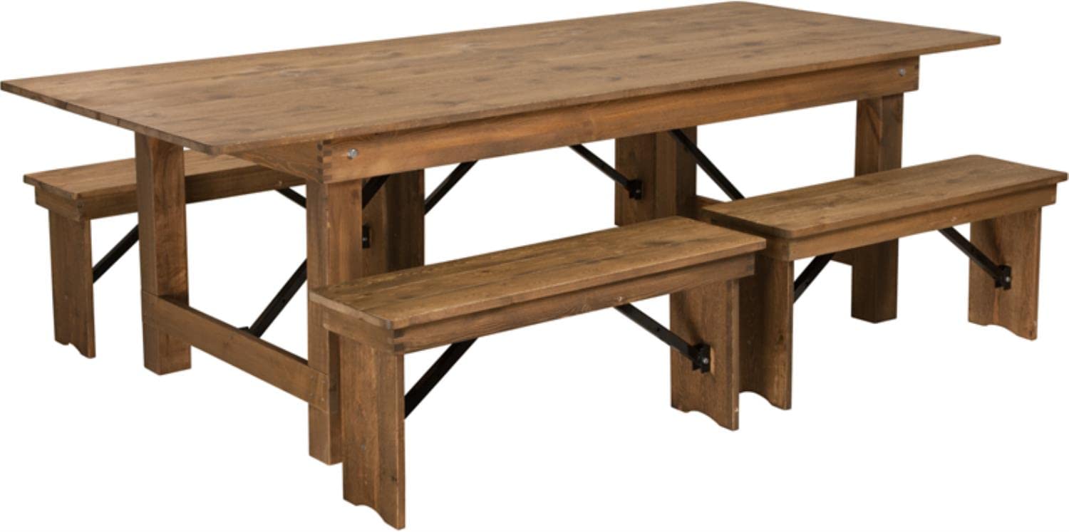 Flash Furniture Hercules Series 8' X 40'' Antique Rustic Folding Farm Table And Four 40.25"L Bench Set