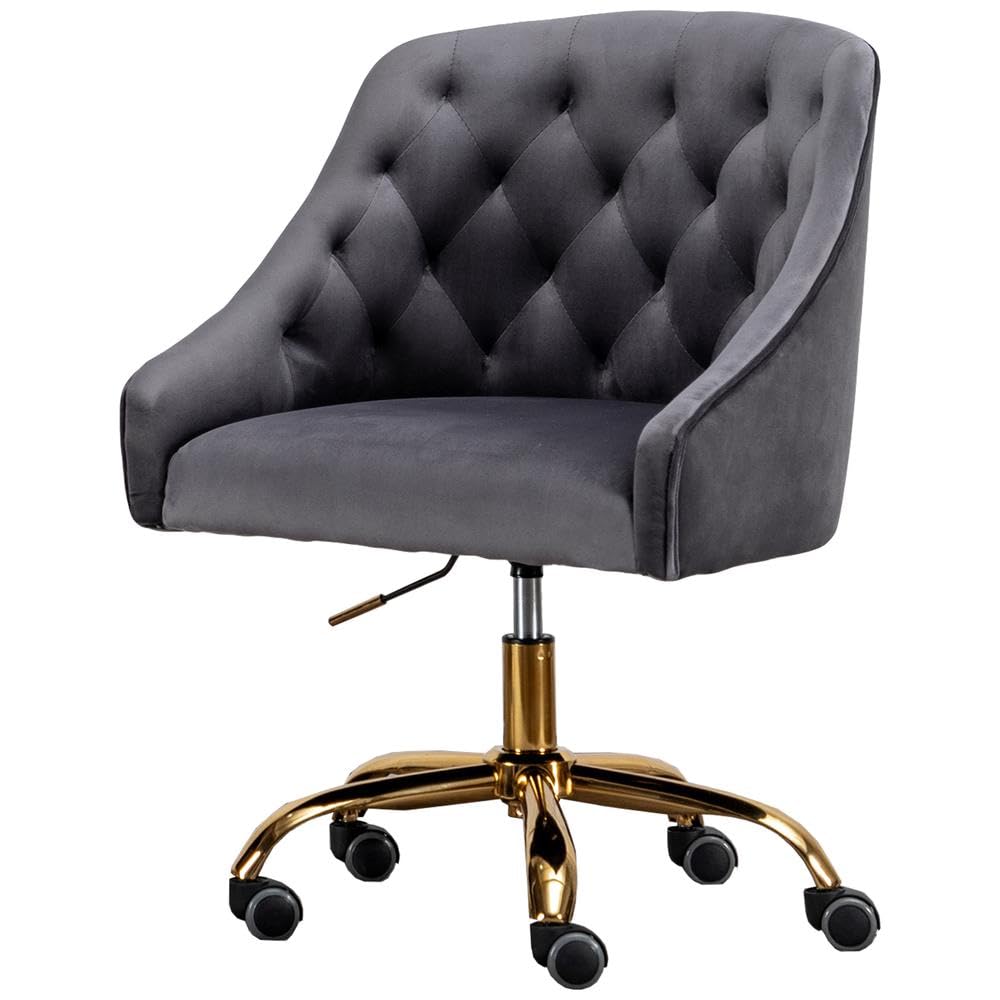 Best Master Furniture Dark Gray Velvet Tufted Swivel Task Chair With Gold Base And Wheels