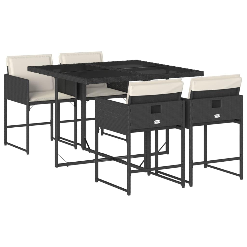 vidaXL 5 Piece Patio Dining Set with Cushions - Outdoor Garden Furniture Set, Black PE Rattan, Foldable Storage, Tempered Glass Tabletop, Cream White Cushions