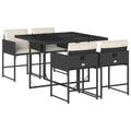 vidaXL 5 Piece Patio Dining Set with Cushions - Outdoor Garden Furniture Set, Black PE Rattan, Foldable Storage, Tempered Glass Tabletop, Cream White Cushions