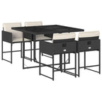 vidaXL 5 Piece Patio Dining Set with Cushions - Outdoor Garden Furniture Set, Black PE Rattan, Foldable Storage, Tempered Glass Tabletop, Cream White Cushions
