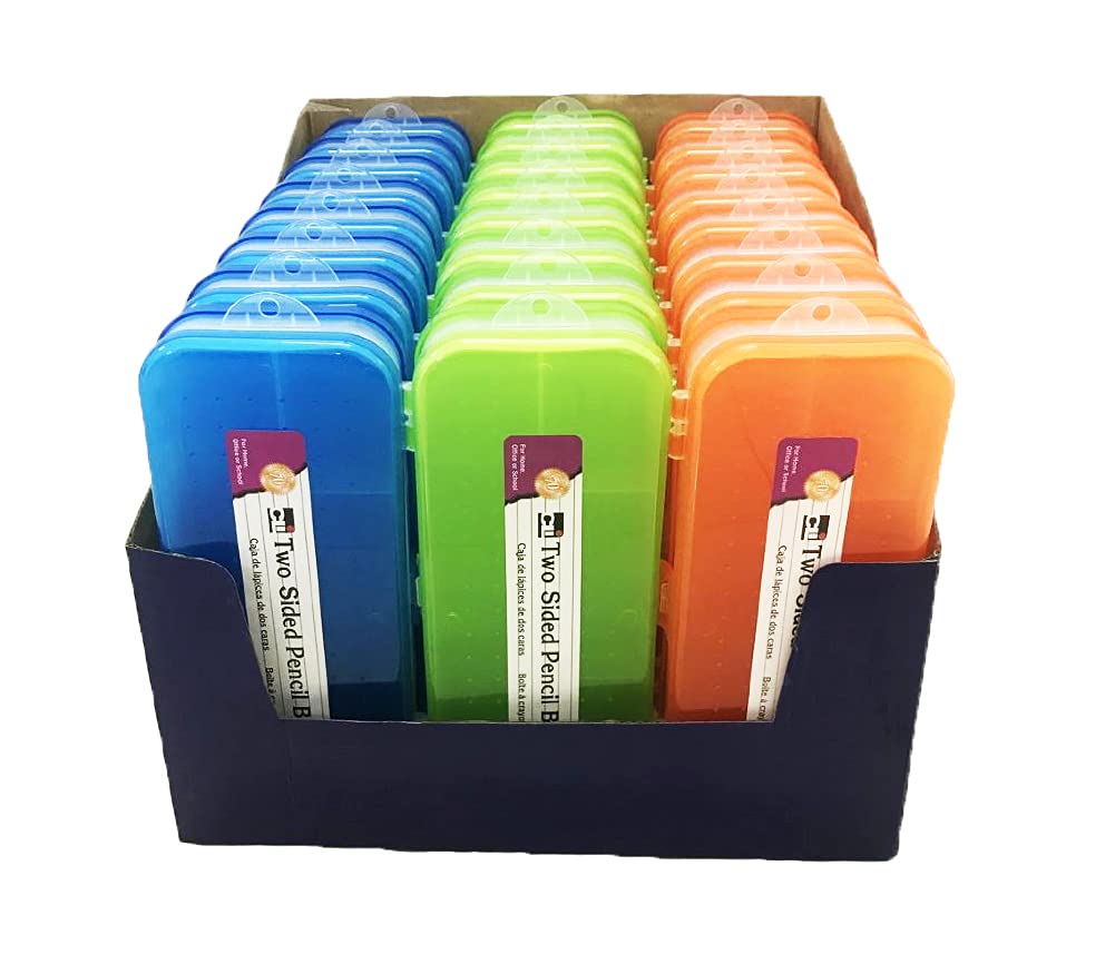 Charles Leonard Double Sided Pencil Box Pencil Case, 5 Compartment Organizer, Plastic, Assorted Colors, 8.5' W X 3.5' X 1.5'