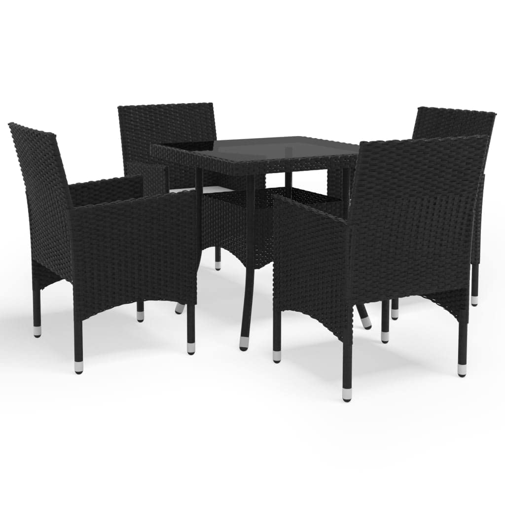 vidaXL Patio Dining Set 5 Piece Outdoor Garden Terrace Yard Wooden Dining Table and Chair Seating Seat Furniture Black Poly Rattan and Glass