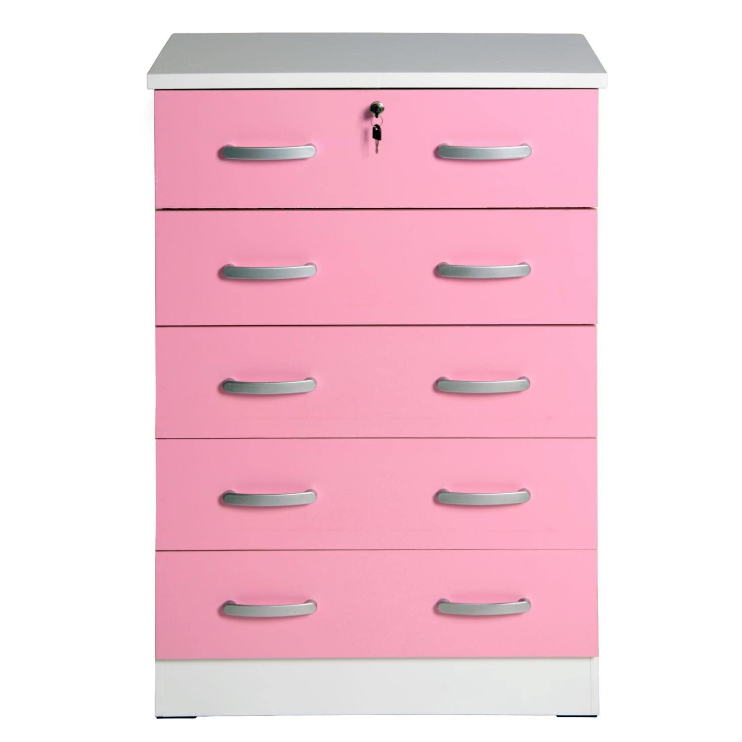 Better Home Products Cindy 5 Drawer Chest Wooden Dresser With Lock In Pink