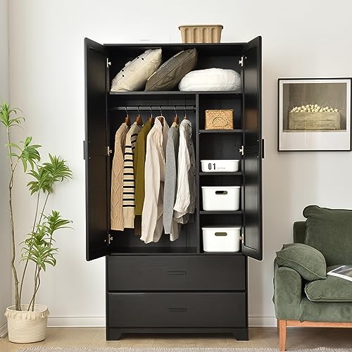 Pine Wood Closet with Raised Doors and Two Drawers Black