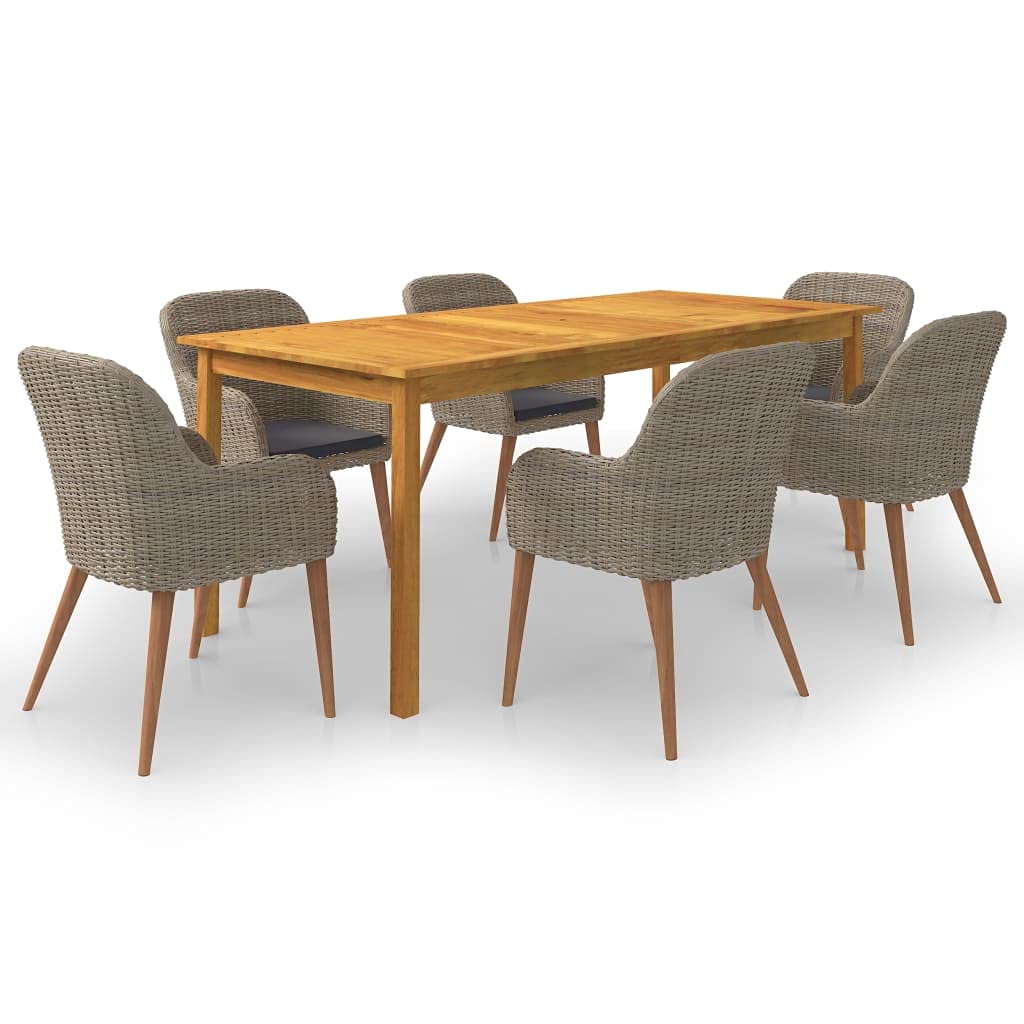 vidaXL 7-Piece Outdoor Dining Set - Solid Acacia Wood Table and PE Rattan Chairs with Polyester-Covered Cushions in a Stylish Brown Finish