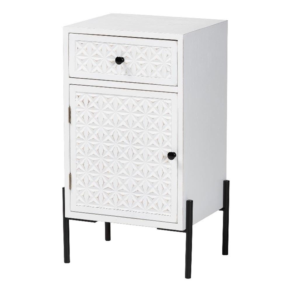 Baxton Studio Nefeli Mid-Century Transitional White Finished Wood and Black Metal 1-Drawer Storage Cabinet