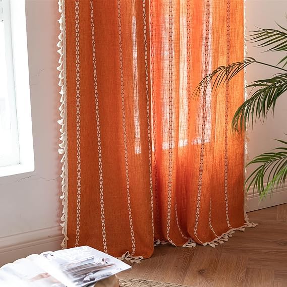 Deeprove Orange Boho Curtains 72 Inches Length, Vintage Burnt Bohemian Embroidery Farmhouse Cotton Linen Fringe Window Treatment