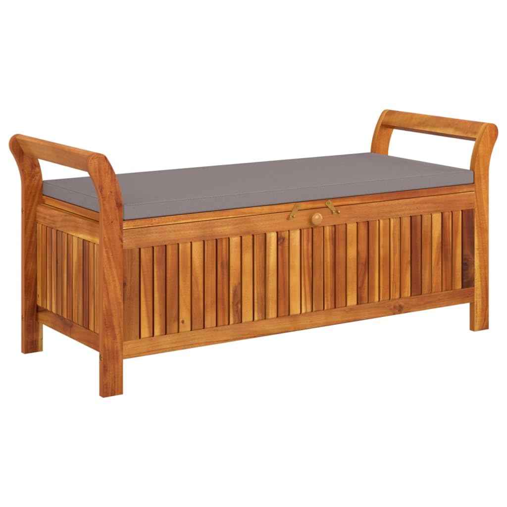 vidaXL Solid Acacia Wood Patio Storage Bench with Cushion - Comfortable Seating - Durable & Robust - Brown Gray - Stylish Garden Furniture