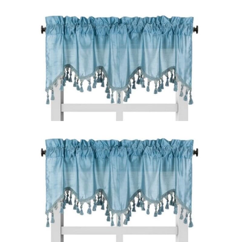 Solid Faux Silk Swag Waterfall Cascade Ascot Window Curtain Valance W/Tassels Trim 55' X18' Wave (2, Light Blue)