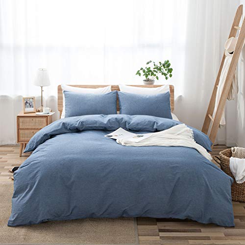 Lovque 100% Washed Cotton Duvet Cover King Size, Denim Blue Fade-Resistant Natural Bedding Set (No Comforter), 104X90 Inches