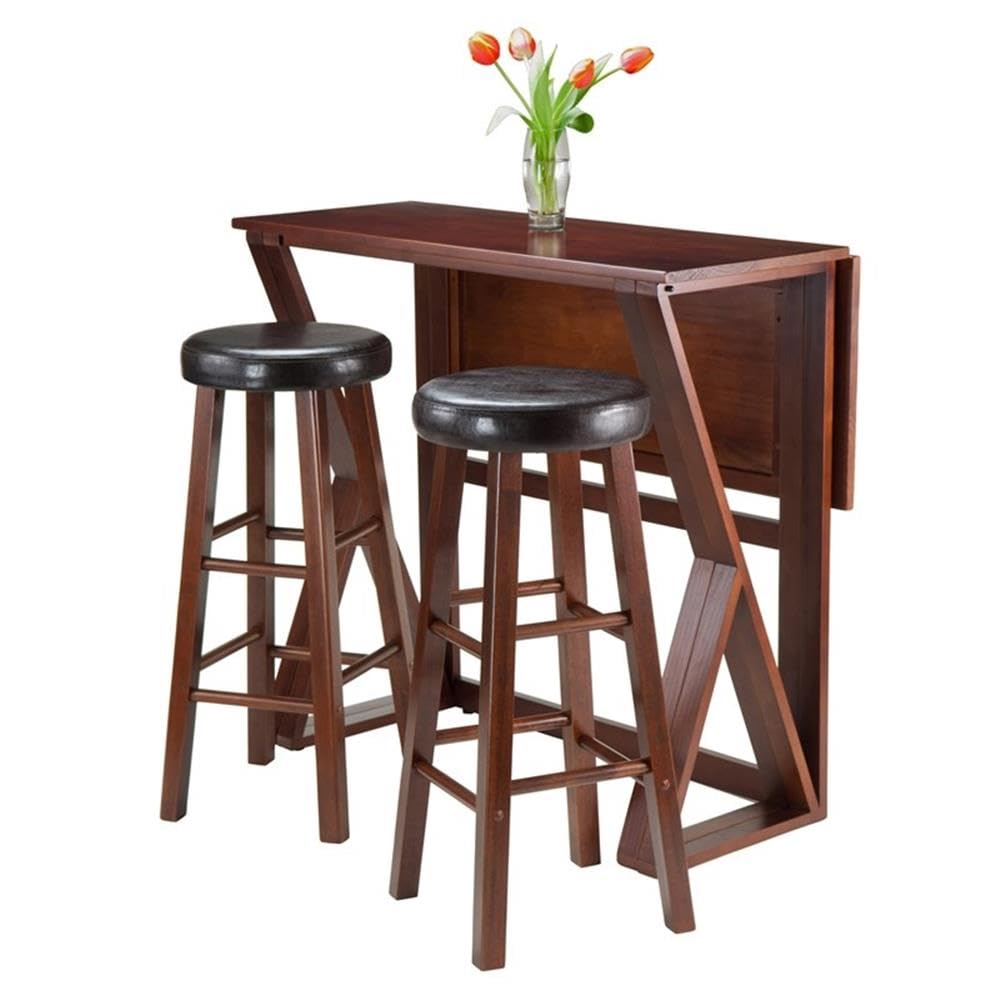 Winsome 3-Piece Harrington Drop Leaf High Table with 2 Cushion Round Seat Stools, 29-Inch, Brown