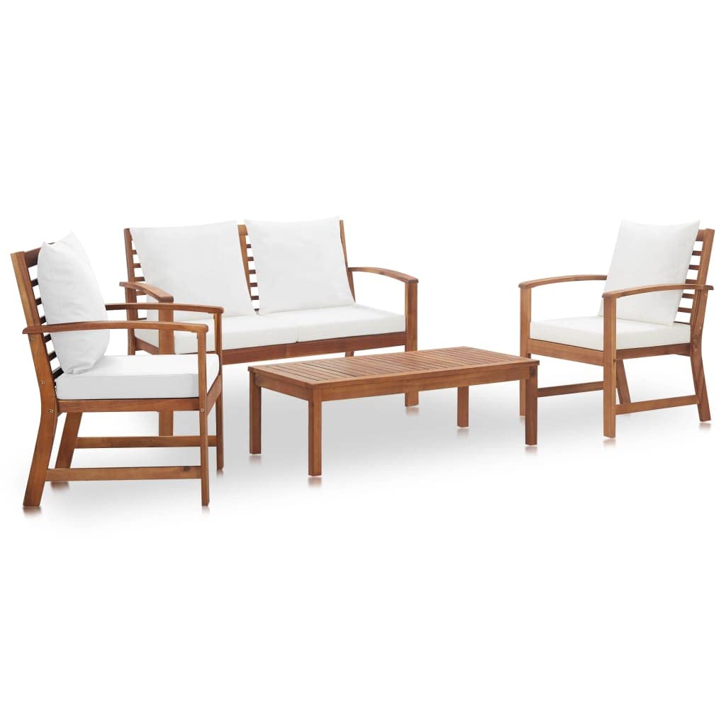 vidaXL 4-Piece Outdoor Lounge Set with Cushions - Solid Acacia Wood Garden Patio Furniture - Includes Table, Bench, and Chairs - Cream White Cushions