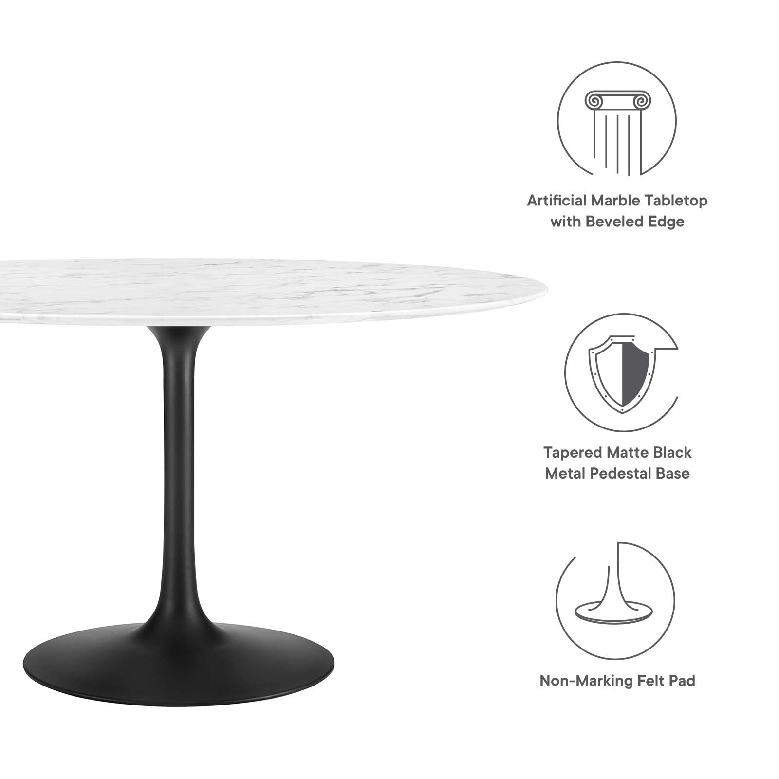 Modway Lippa 54&quot; Round Artificial Marble Dining Table, Top, Black Base