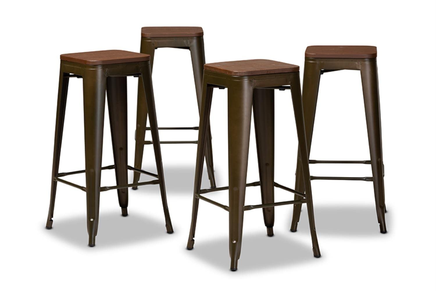 Baxton Studio Horton Brown Metal and Brown Finished Wood 4-Piece Bar Stool Set