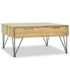vidaXL Solid Teak Wood Coffee Table - Durable, Rustic-Style, Colonial-Inspired, with Two Storage Drawers and Wrought Iron Legs, Brown, Square