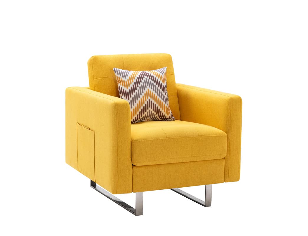 Lilola Home Victoria Yellow Linen Fabric Armchair with Metal Legs, Side Pockets, and Pillow