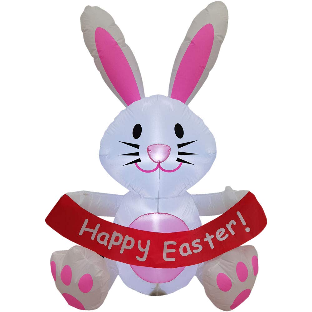 5-Ft. Tall Bunny Rabbit Holding A Happy Easter Banner, Outdoor/Indoor Blow Up Spring Inflatable With Lights