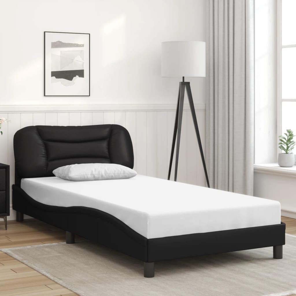 vidaXL Twin Bed Frame with Headboard - Black Faux Leather, Contemporary Waved Design, 39.4"x74.8", Plywood Slats, Stain-Resistant