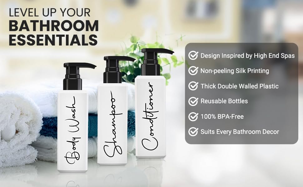 TwoP Brands Luxury Shampoo & Conditioner Dispenser Set - 3 Refillable Pump Bottles - White - Model shco2