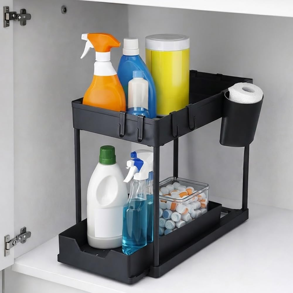 Laxis Under Sink Storage Organizer, 2 Tier Pull Out Cabinet Organizer With Sliding Drawer And Hooks, Adjustable Height Under Sin