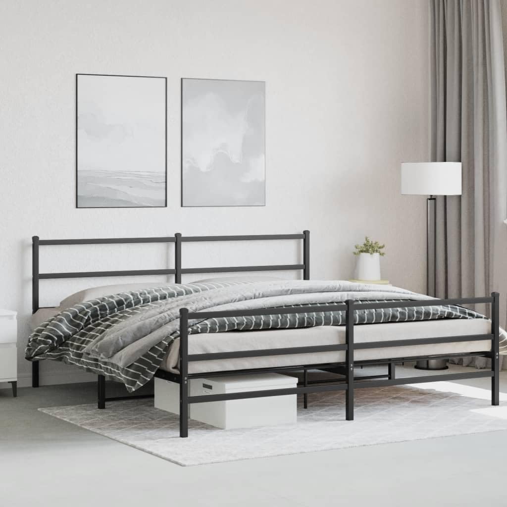 vidaXL King Size Black Metal Bed Frame - Powder-Coated Steel with Headboard, Footboard, Slat Base, and Under-Bed Storage Space