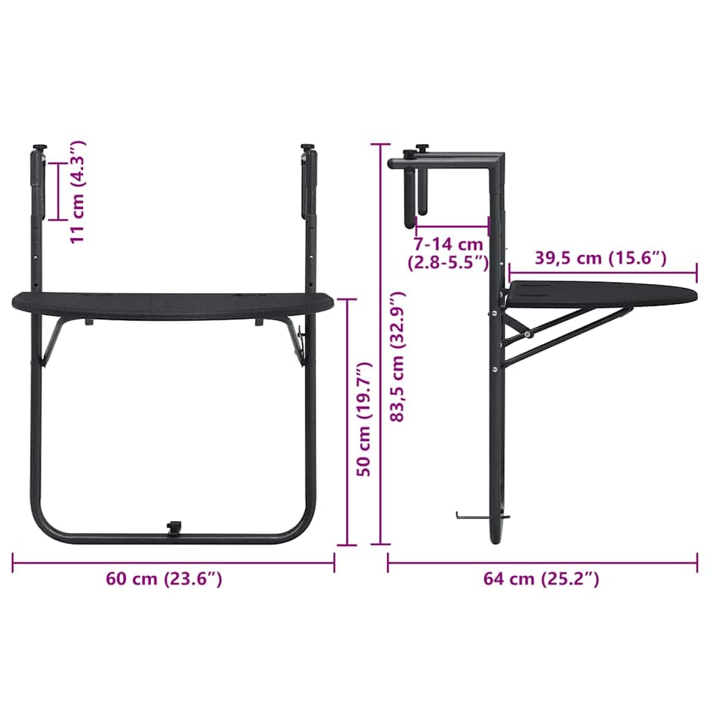 vidaXL Black Plastic Hanging Balcony Table with Rattan Look Design, Weather Resistant, Adjustable Height and Foldable