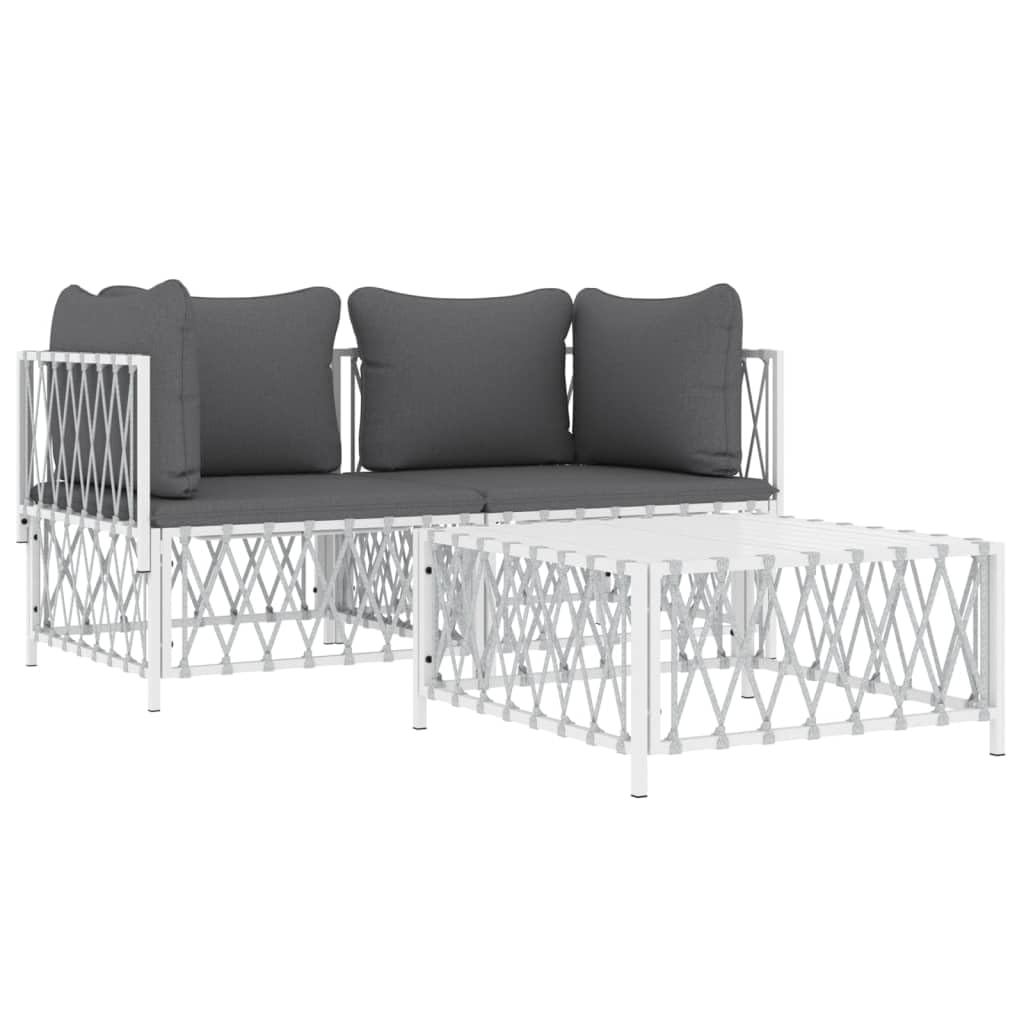 vidaXL White Stainless Steel and Woven Fabric Patio Lounge Set - 3 Piece Contemporary Outdoor Furniture with Comfortable Cushions and Modular Design