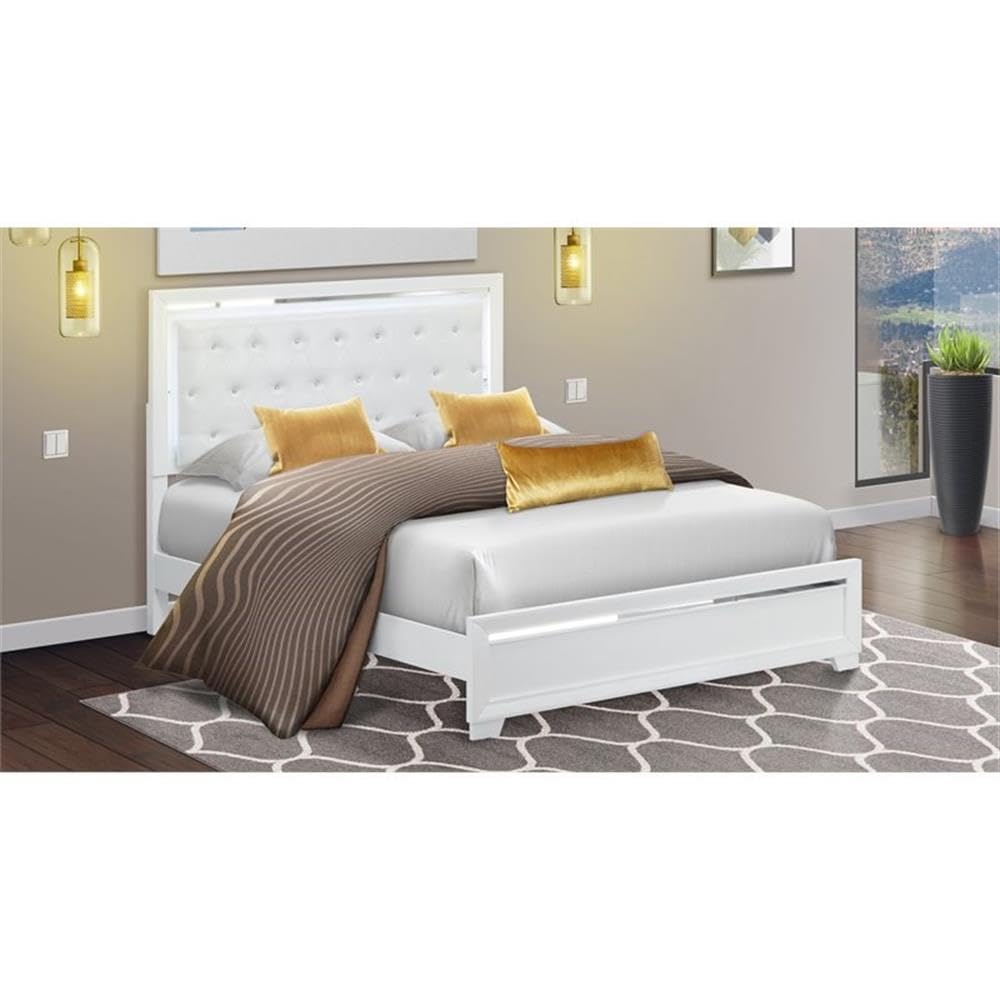 East West Furniture PA05-Q00000 Pandora Wooden Queen Bed - Adjustable LED Lighting Headboard Wood Bed Frame - White Finish