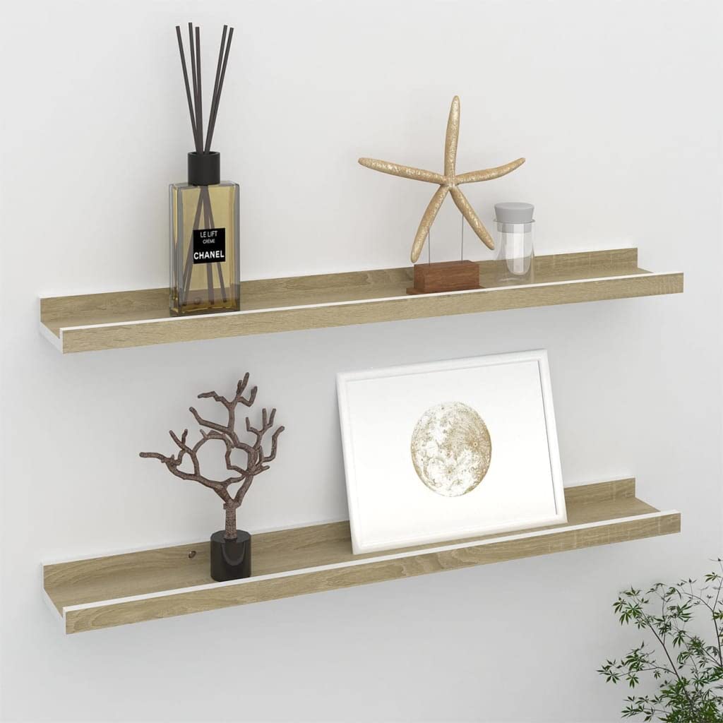 vidaXL Set of 2 Wall Shelves, Modern-Style Décor with Durable MDF Construction, 23.6"x3.5"x1.2", White and Sonoma Oak, Assembly Required
