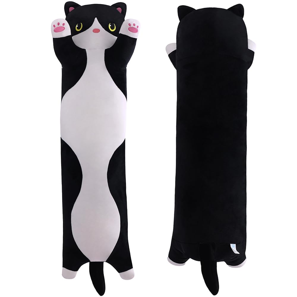 MIAOHAHA Long Plush Cat Toy Pillow Stuffed Animal Cat Kids Plush Toy Pillow for Kids and Girls Toy Doll(Black&White,70cm/27.6in)
